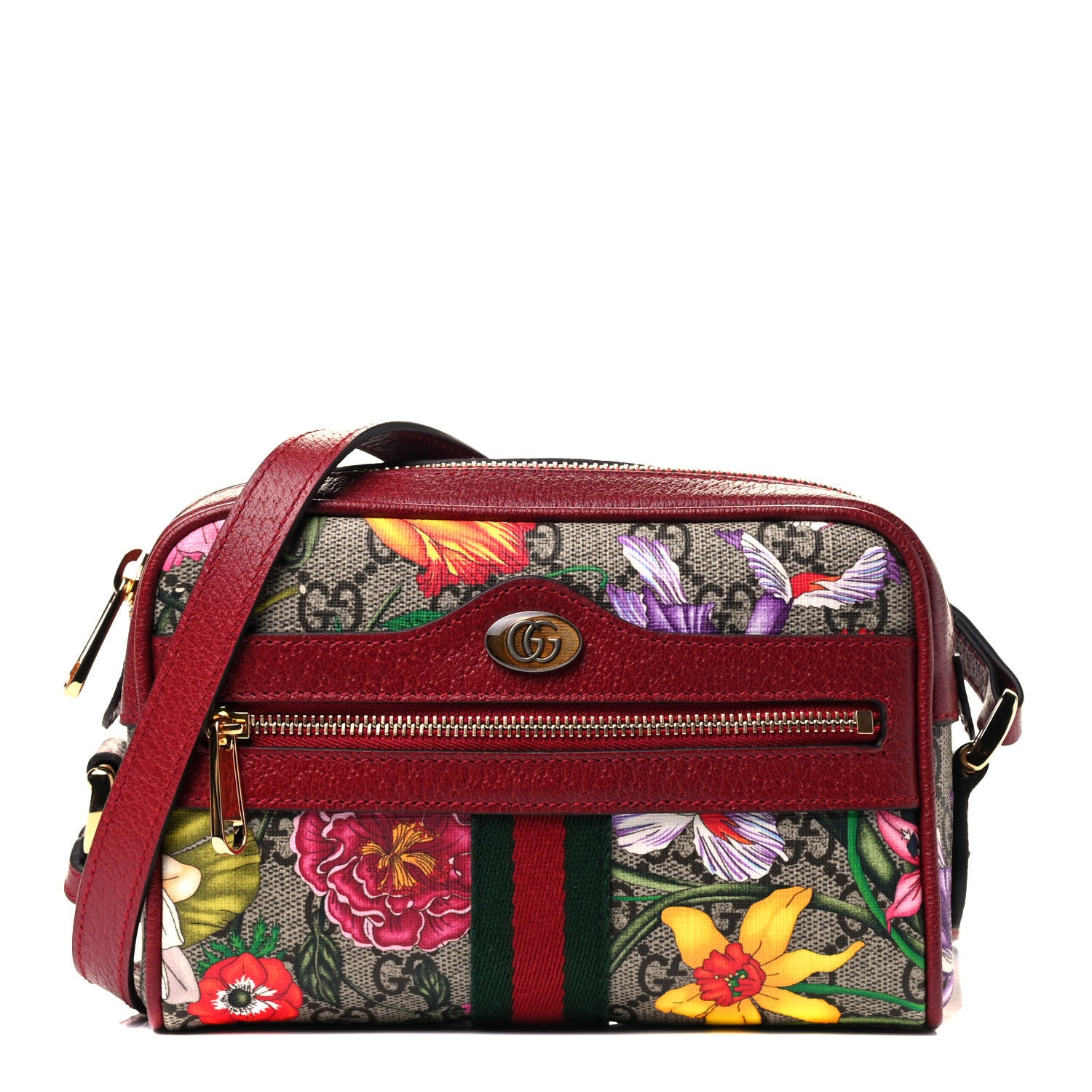 Gucci GG Supreme Monogram Flora Web Mini Ophidia Shoulder Bag Red 1 of 4