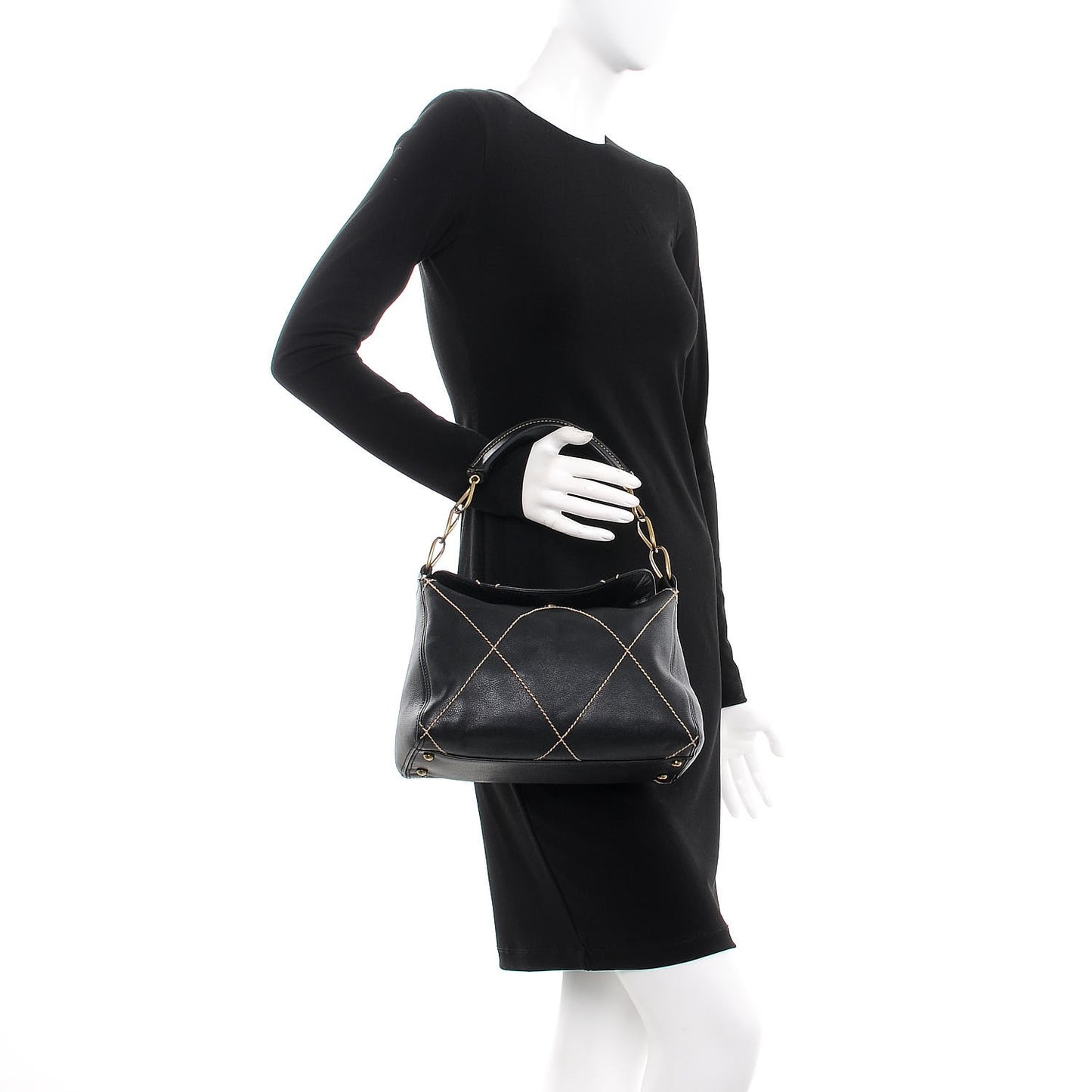 Calfskin Contrast Stitch Shoulder Bag Black