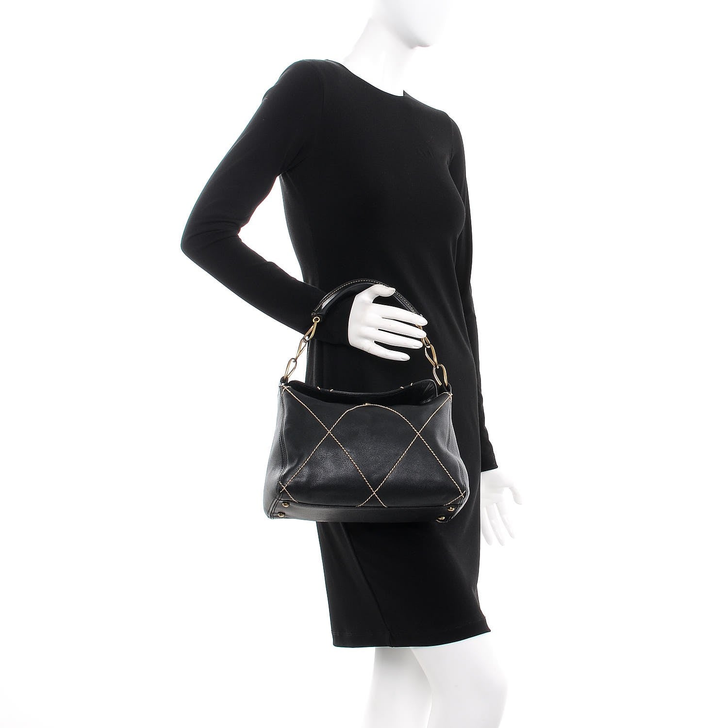 Chanel Calfskin Contrast Stitch Shoulder Bag Black 2 of 7
