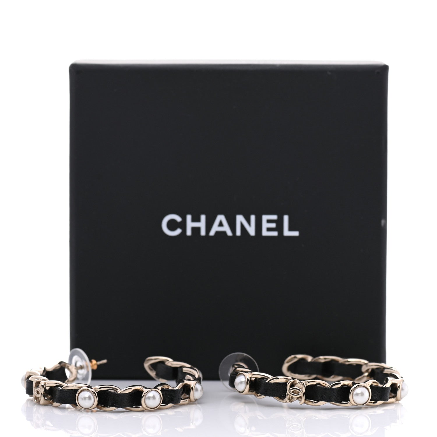 Chanel Lambskin Pearl CC Chain Hoop Earrings Gold Black 5 of 5