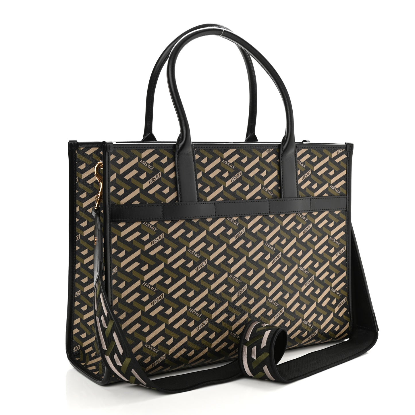 Coated Canvas Calfskin La Greca Signature Tote Bag Black Khaki