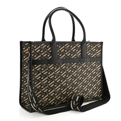 Versace Coated Canvas Calfskin La Greca Signature Tote Bag Black Khaki 3 of 10