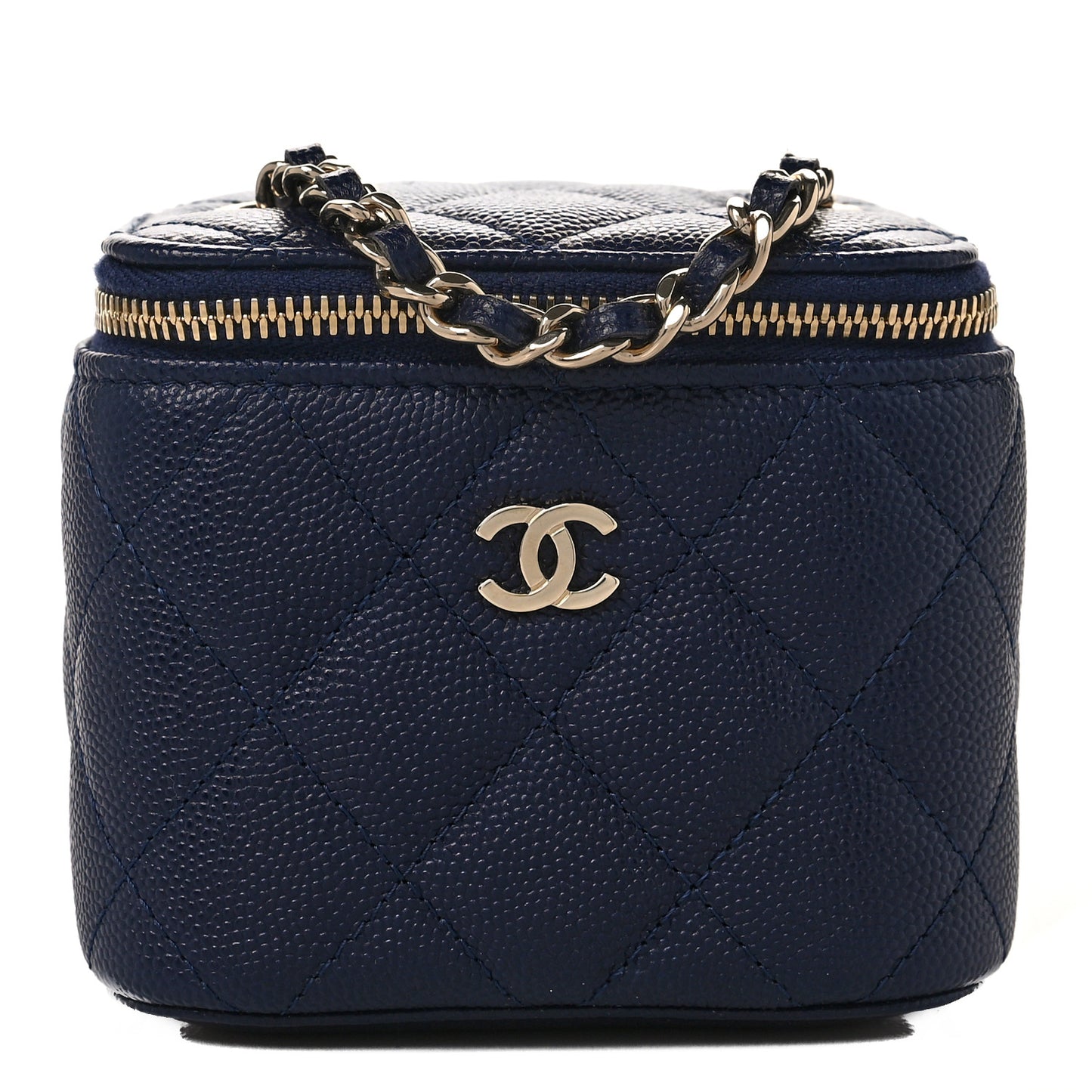 Caviar Quilted Mini Vanity Case With Chain Navy Blue