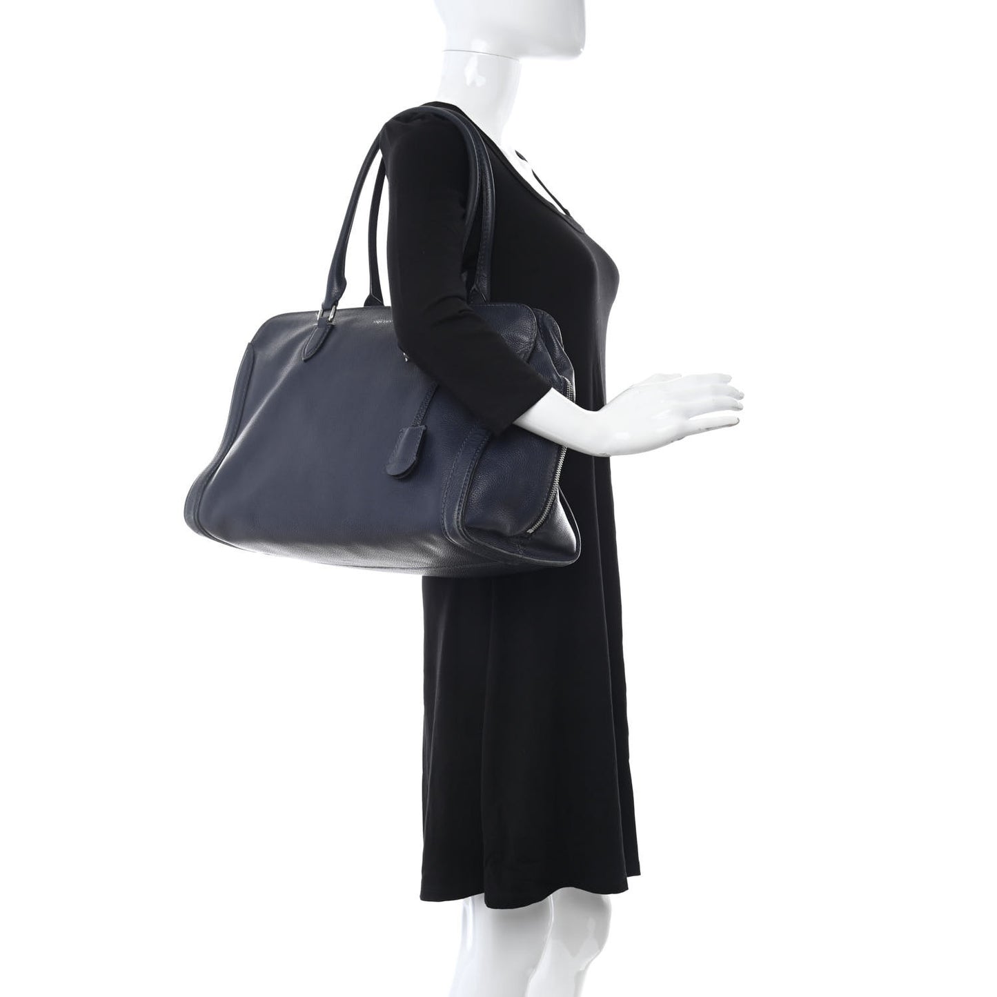 Pebbled Calfskin Large Skull Padlock Zip Around Tote Navy