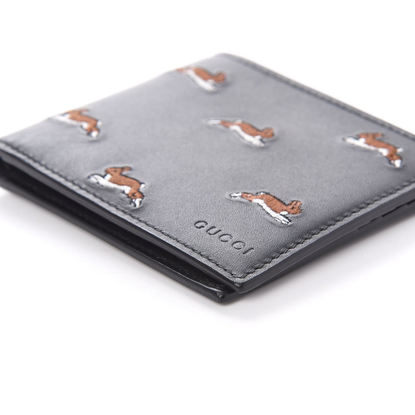Calfskin Rabbit Embroidered Bi-Fold Wallet Black