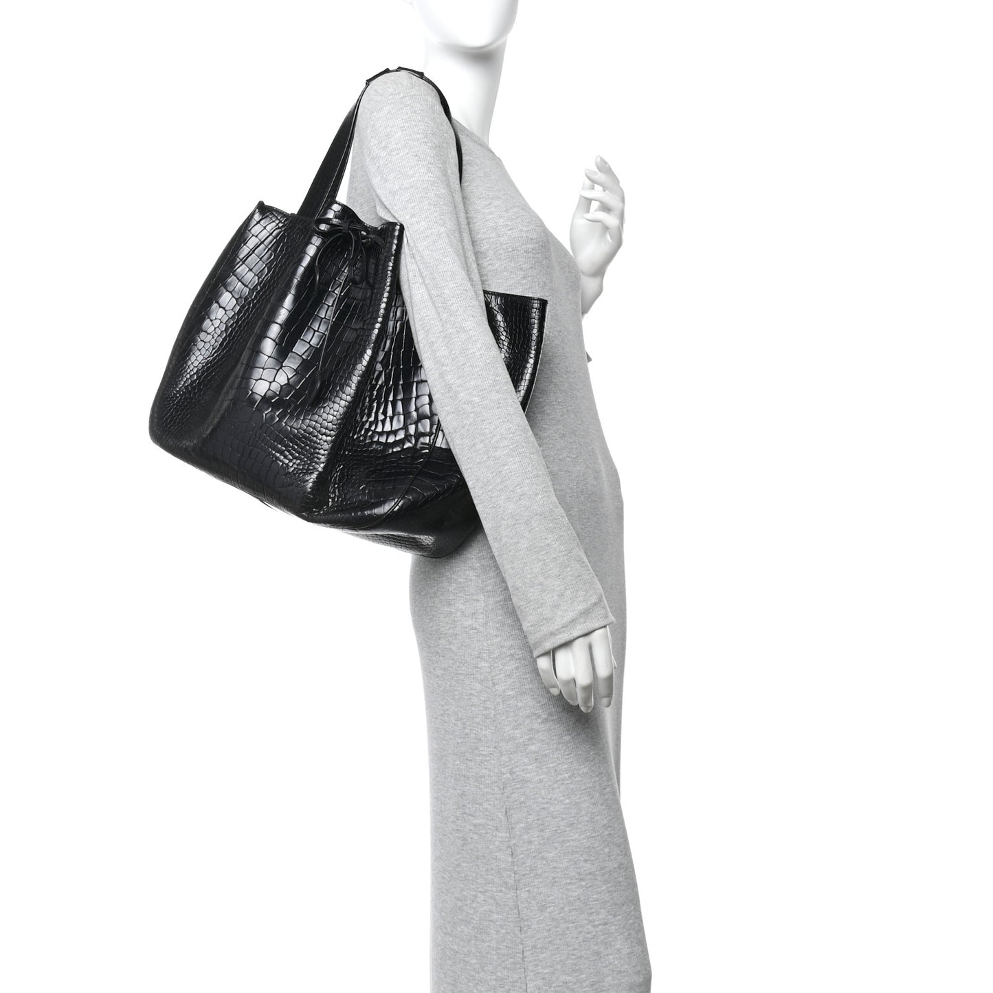 Calfskin Crocodile Embossed Bucket Bag Black