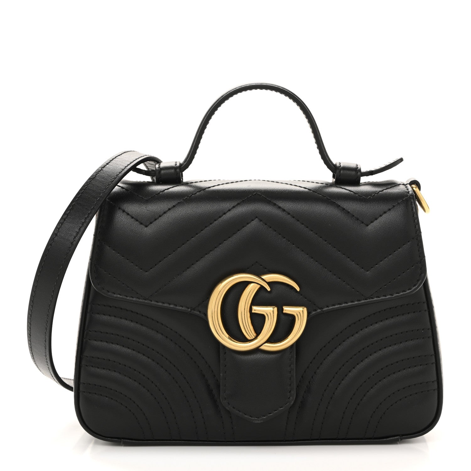 Gucci Calfskin Matelasse Mini GG Marmont Top Handle Shoulder Bag Black 1 of 12