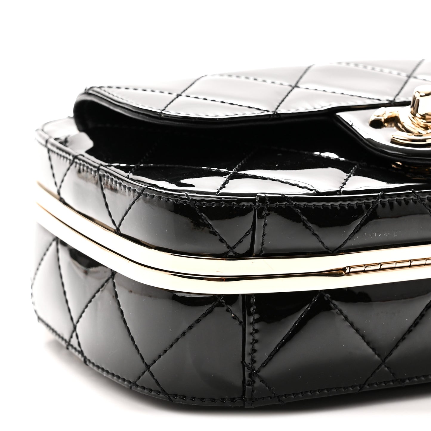 Patent Calfskin Quilted Mini Camera Case Black