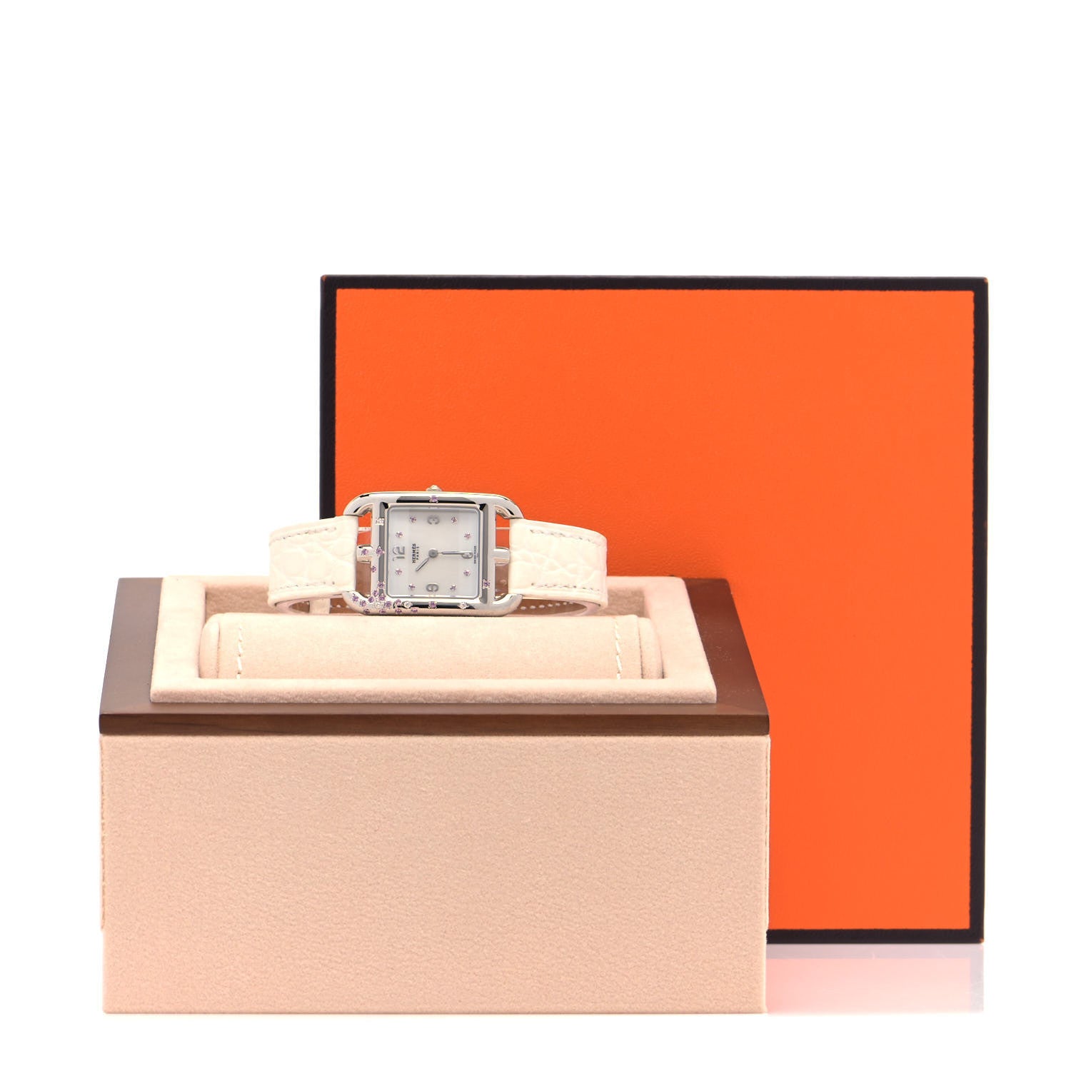 Hermes Stainless Steel Alligator Diamond Pink Sapphire Mother of Pearl 23mm Cape Cod Quartz Watch Blanc 5 of 5