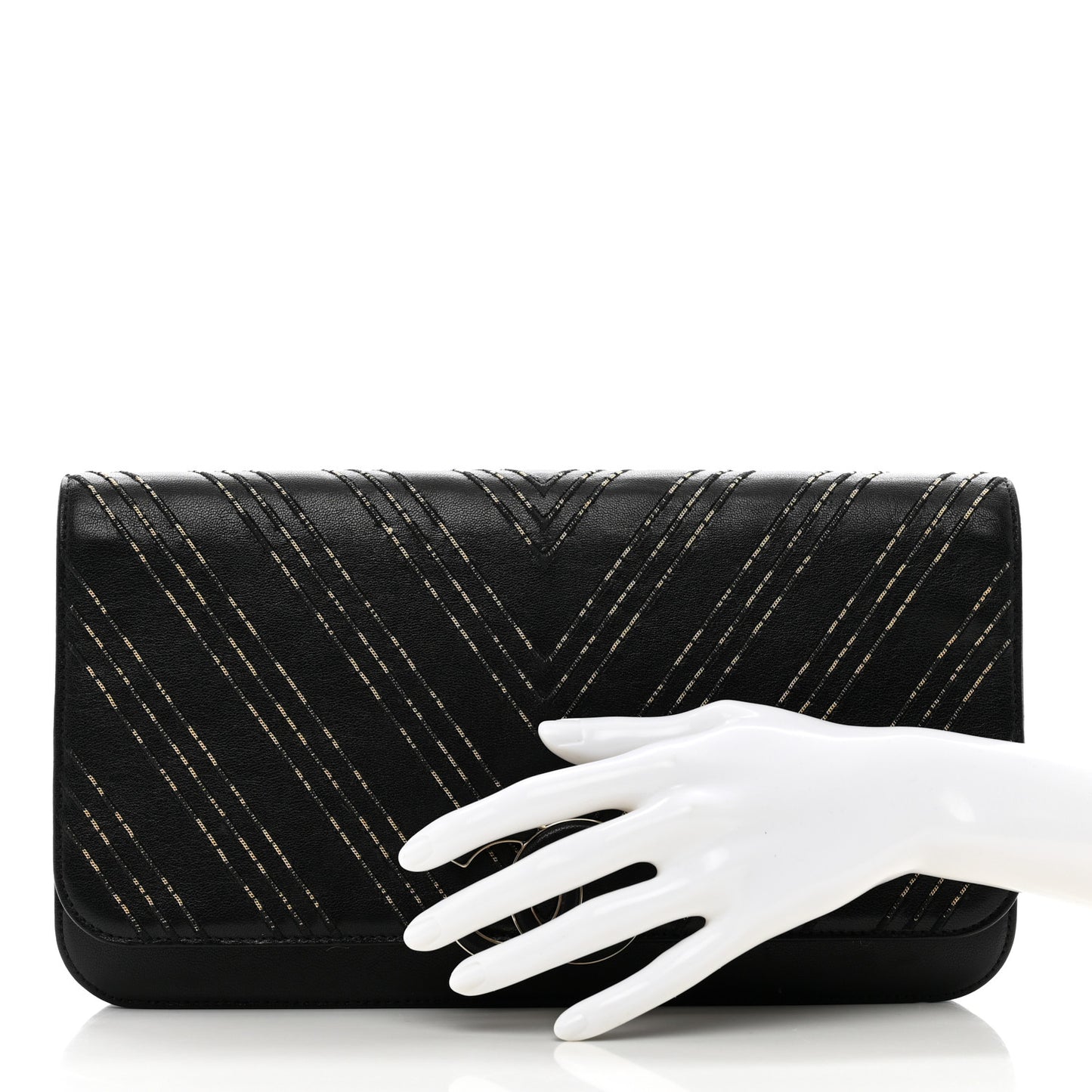 Lambskin Chain Chevron CC Clutch Black