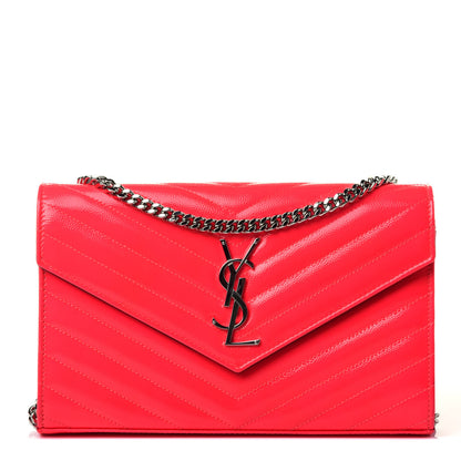 Saint Laurent Patent Grain De Poudre Matelasse Chevron Monogram Chain Wallet Neon Pink 1 of 4
