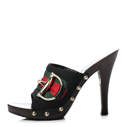 Gucci Monogram Natural Pigskin Web Icon Bit Platform Clog High Heel Slide Sandals Black 1 of 4