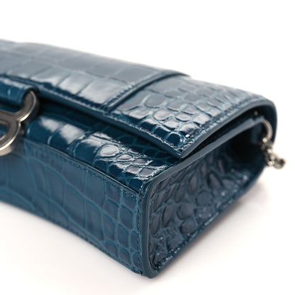 Balenciaga Shiny Calfskin Crocodile Embossed Hourglass Chain Bag Dark Petrol Blue 8 of 8