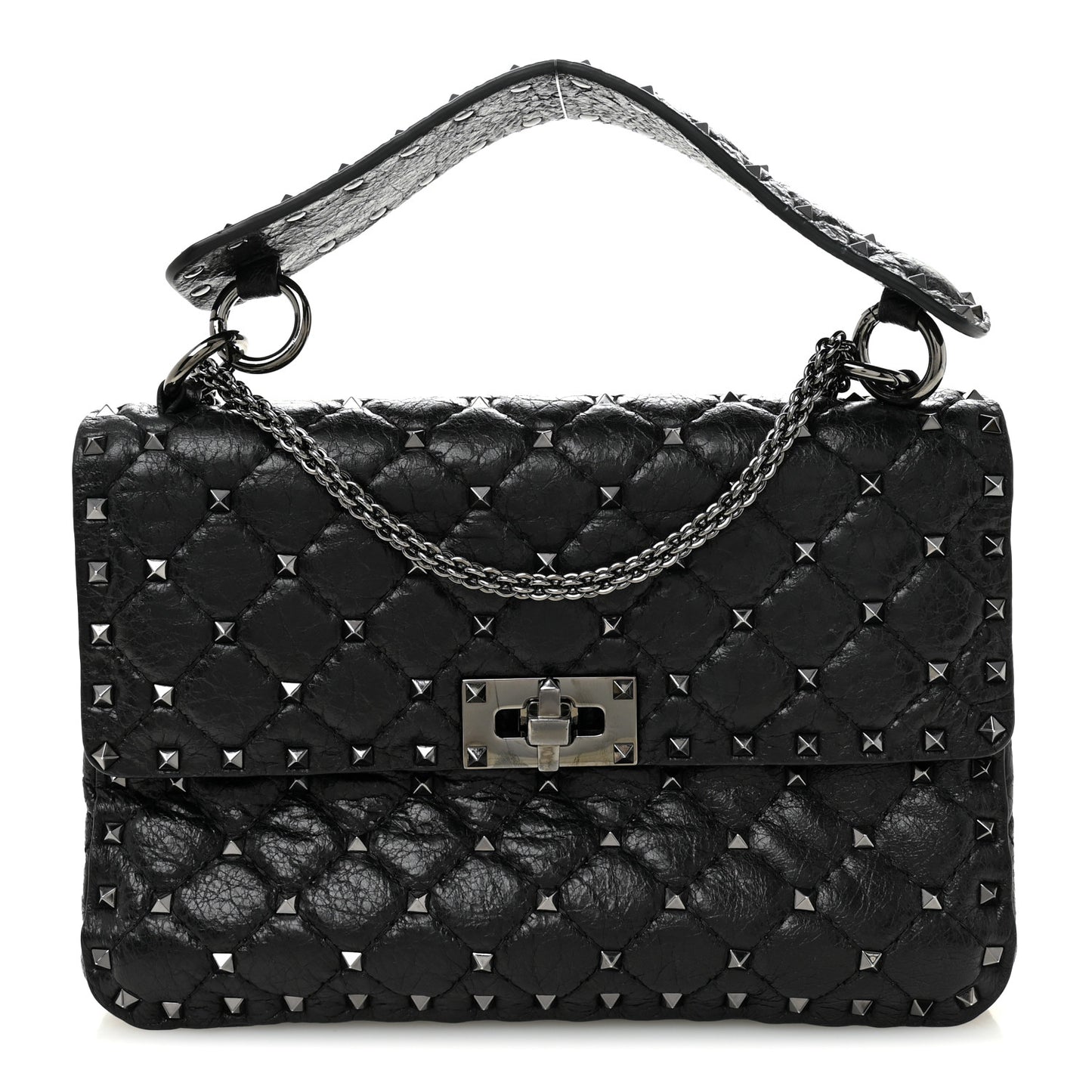 Craquele Nappa Medium Rockstud Spike Shoulder Bag Black