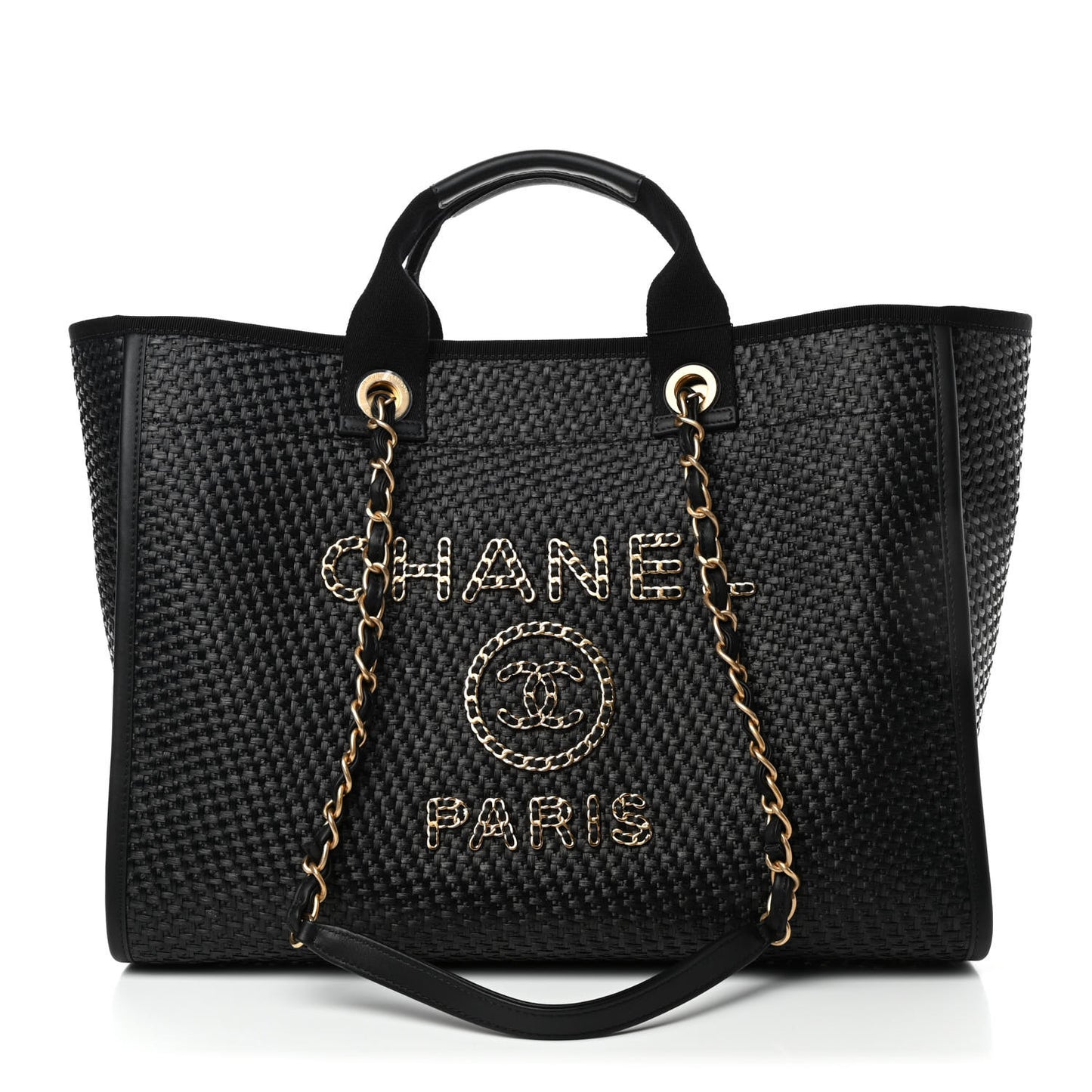 Straw Raffia Calfskin Chain Medium Deauville Tote Black