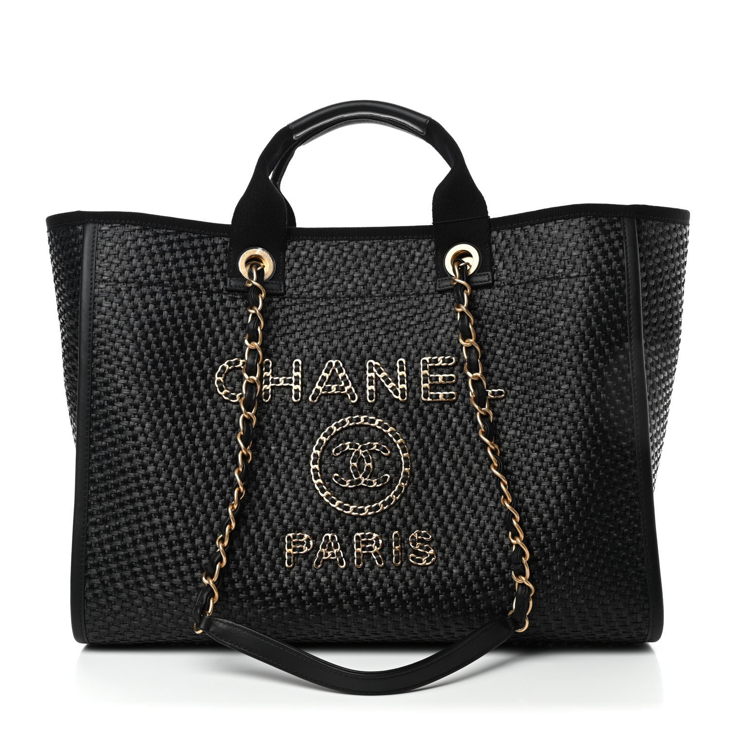 Chanel Straw Raffia Calfskin Chain Medium Deauville Tote Black 1 of 4