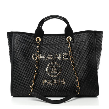 Chanel Straw Raffia Calfskin Chain Medium Deauville Tote Black 1 of 4