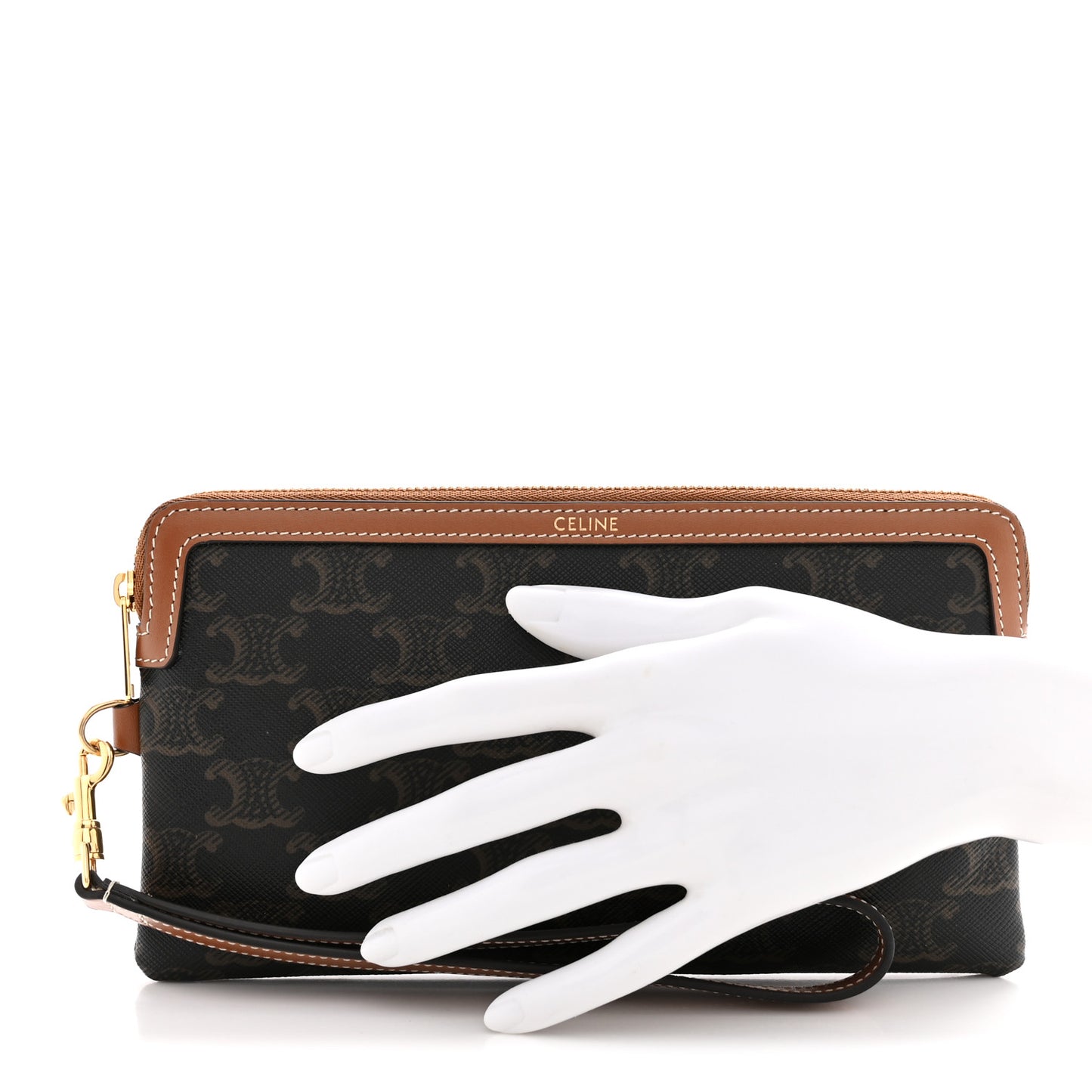Triomphe Calfskin Long Pouch With Strap Tan
