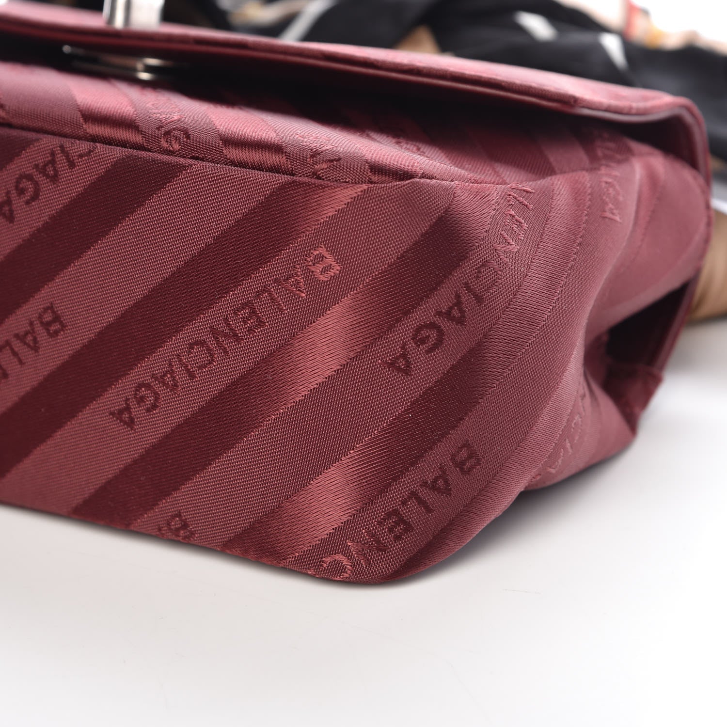 Balenciaga Nylon Jacquard Diagonal Logo Small Scarf Lock Chain Shoulder Bag Rouge Bordeaux Black Beige 6 of 10