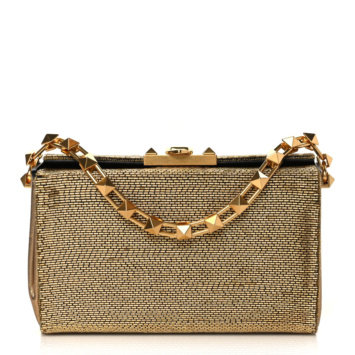 Metallic Calfskin Beaded Rockstud Evening Clutch Antique Bronze