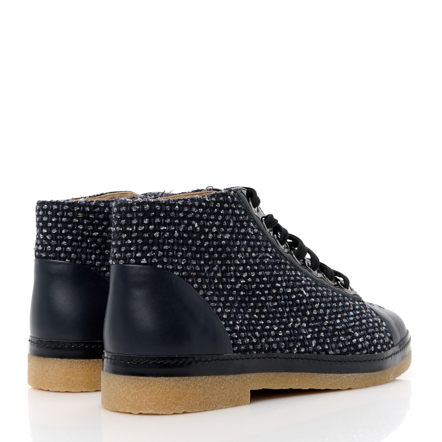 Chanel Tweed Calfskin Patent CC Lace Up Short Boots 38 Black Grey Dark Navy 4 of 9