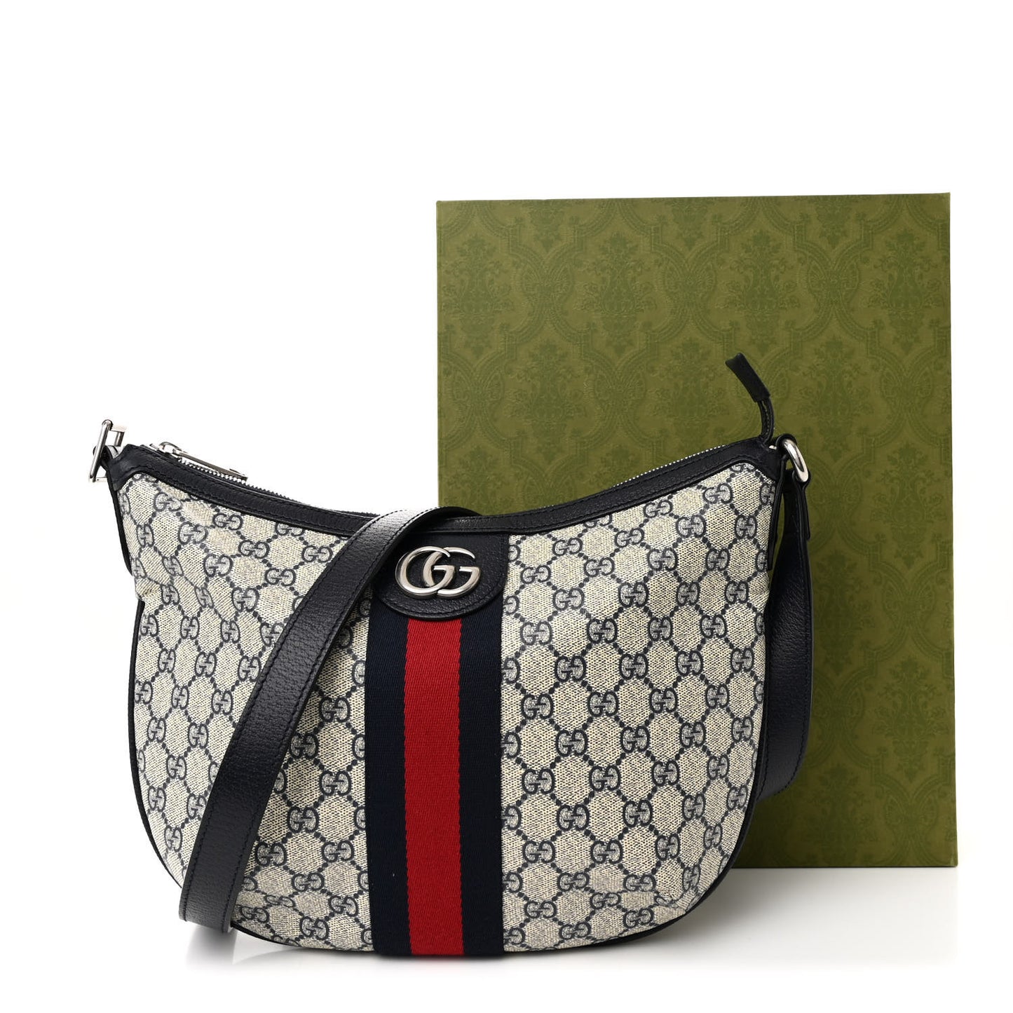 GG Supreme Monogram Textured Dollar Calfskin Web Small Ophidia Half Moon Hobo Beige Blue
