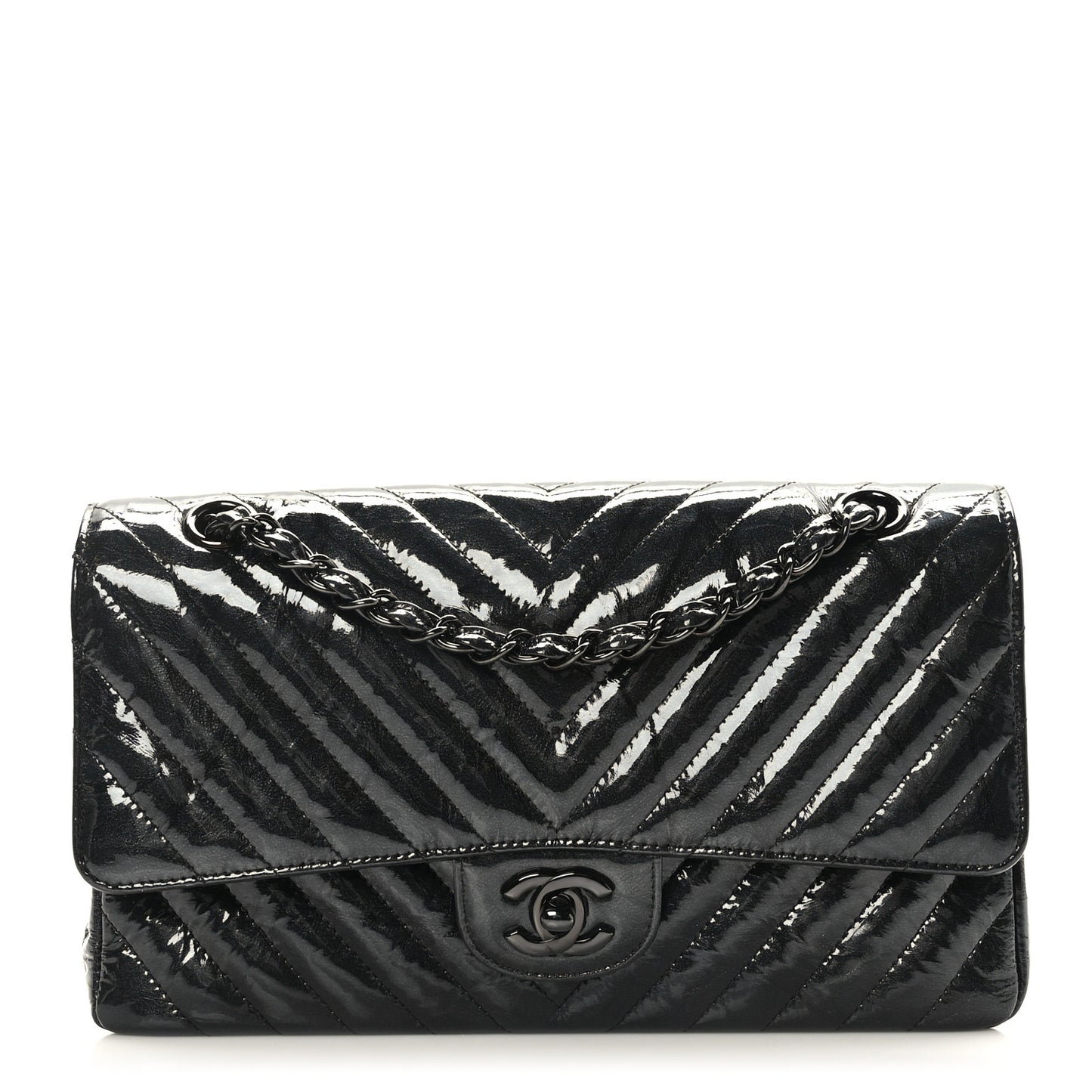 Metallic Patent Crumpled Calfskin Chevron Quilted Medium Double Flap So Black