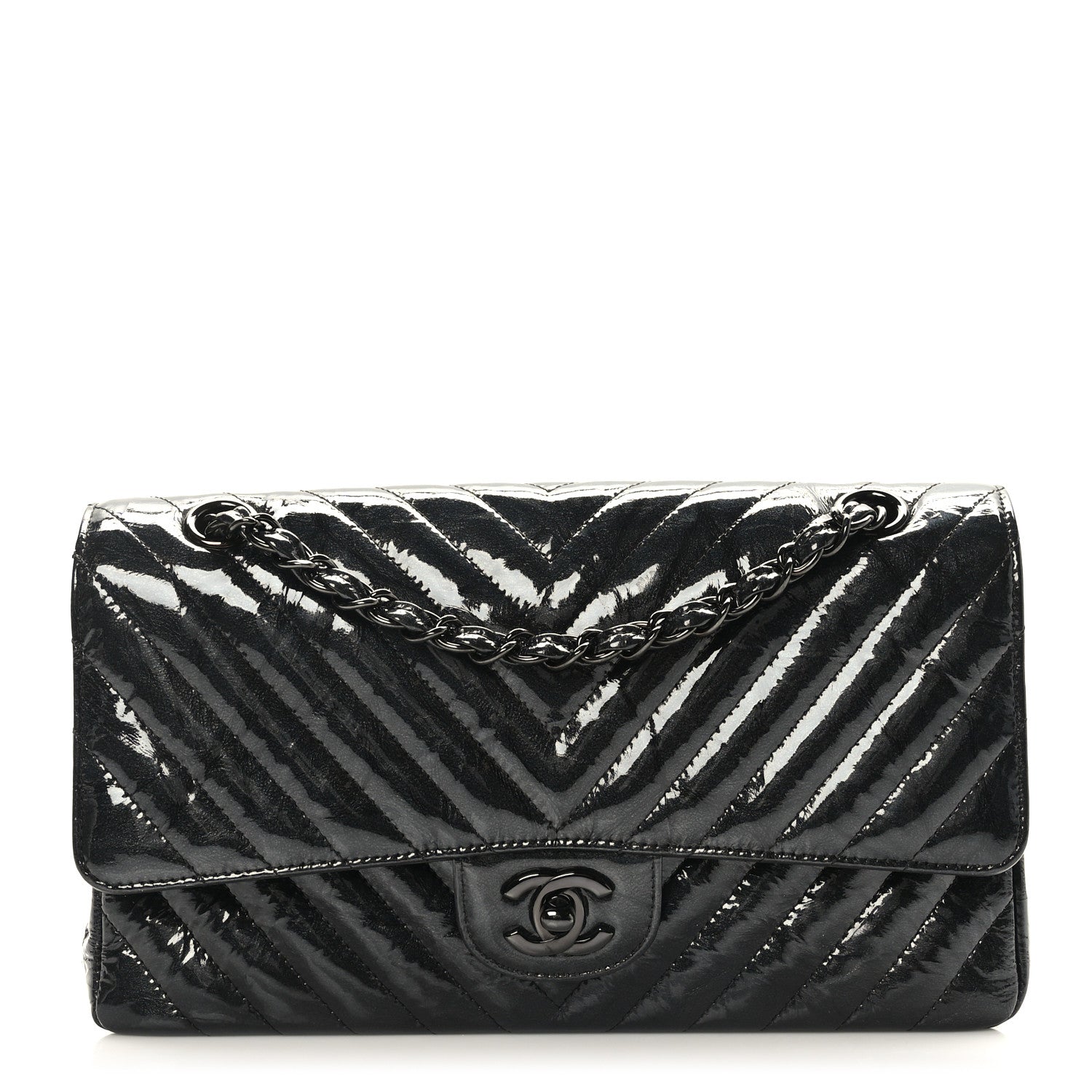 Chanel Metallic Patent Crumpled Calfskin Chevron Quilted Medium Double Flap So Black 1 of 10