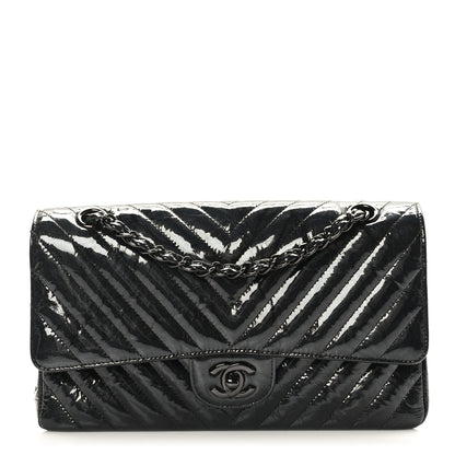 Chanel Metallic Patent Crumpled Calfskin Chevron Quilted Medium Double Flap So Black 1 of 10
