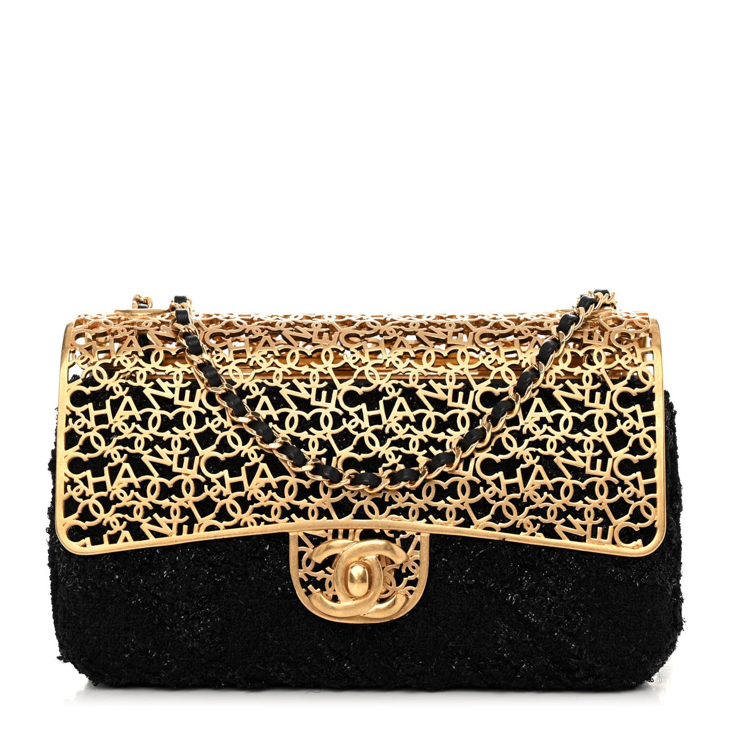 Metal Tweed Logo CC Minaudiere Flap Bag Black Gold