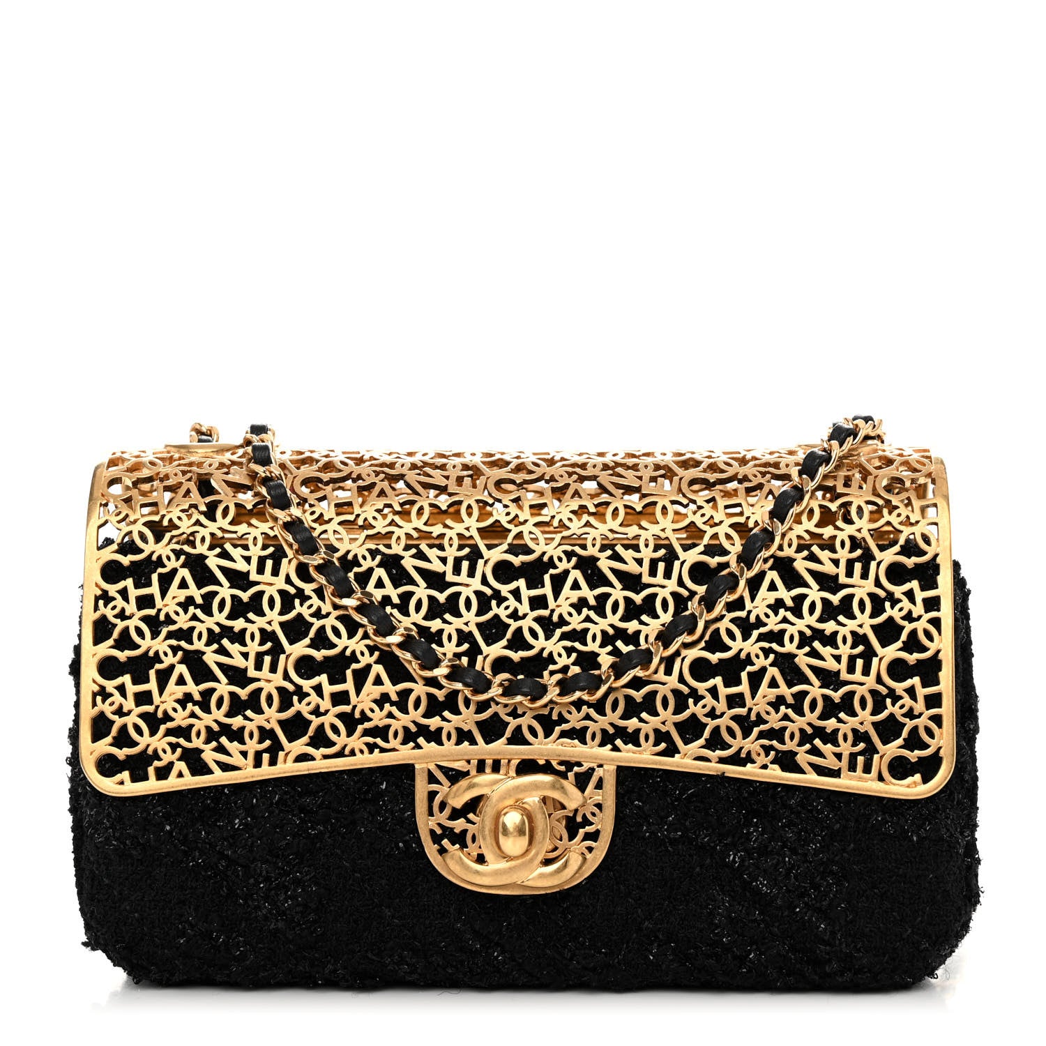 Chanel Metal Tweed Logo CC Minaudiere Flap Bag Black Gold 1 of 10