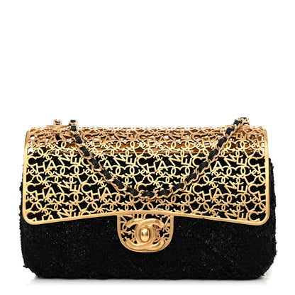 Chanel Metal Tweed Logo CC Minaudiere Flap Bag Black Gold 1 of 10
