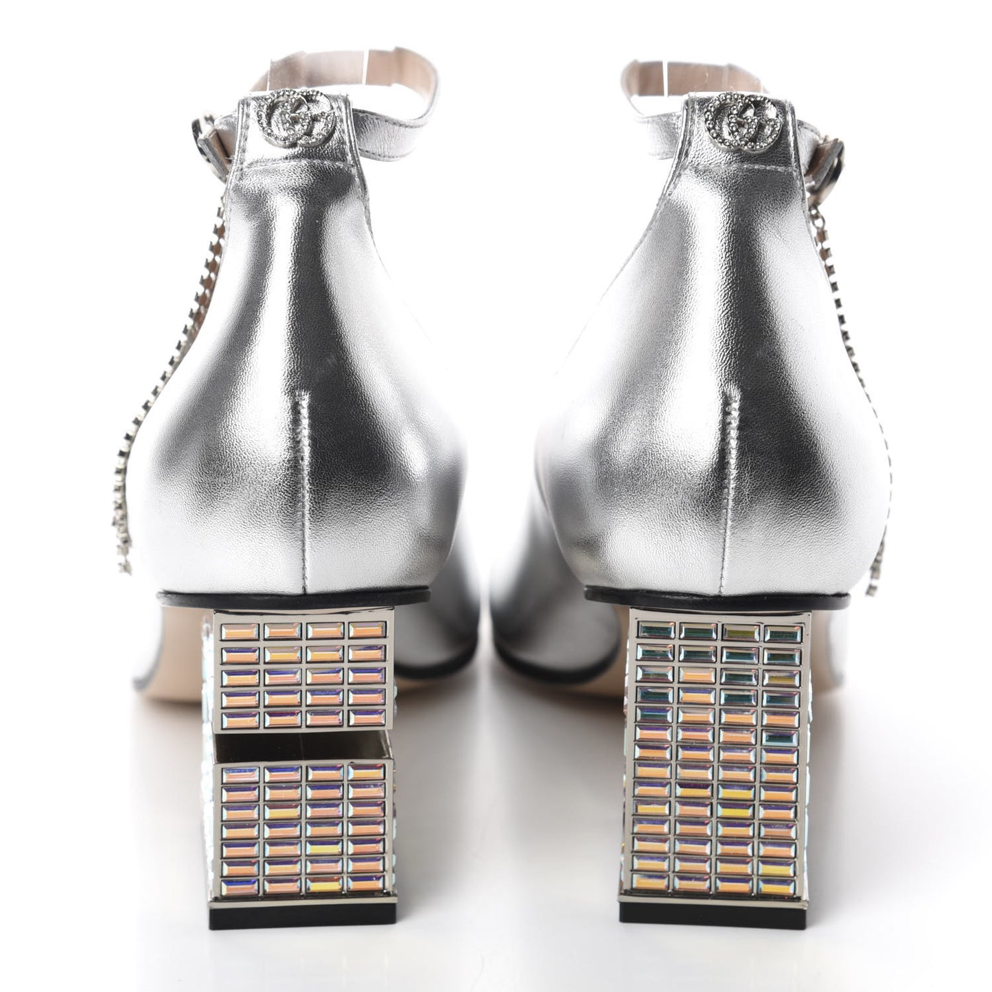 Metallic Nappa Crystal Square G Mid Heel Pumps 40 Silver