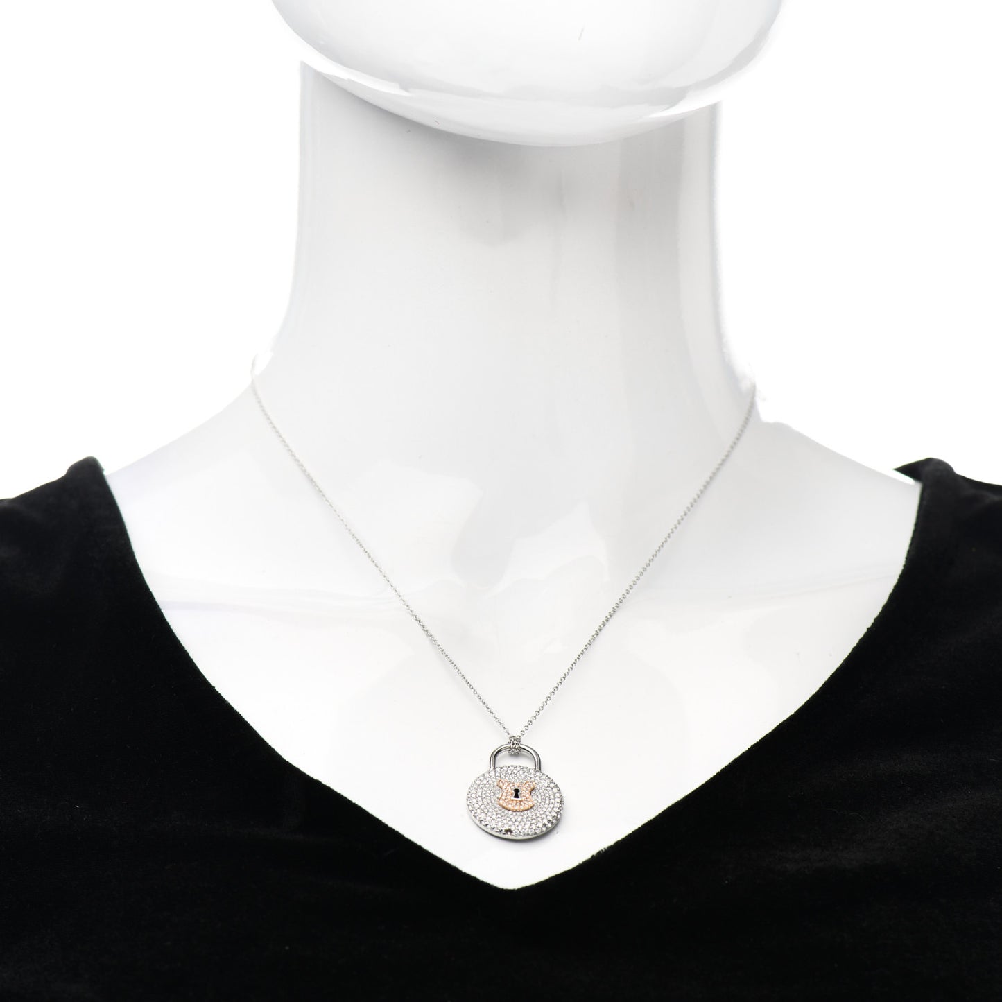 Platinum 18K Rose Gold Diamond Vintage Lock Pendant Necklace