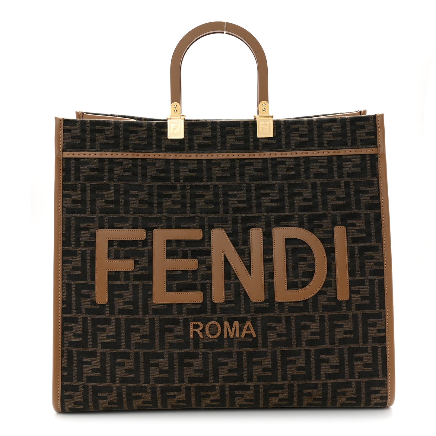 Fabric Jacquard FF 1974 Logo Large Fendi Sunshine Shopper Tote Tobacco Moro Sand