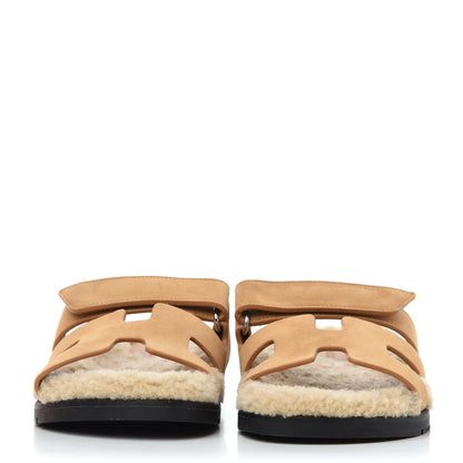 Hermes Suede Goatskin Woolskin Womens Chypre Sandals 36.5 Golden Beige 2 of 9