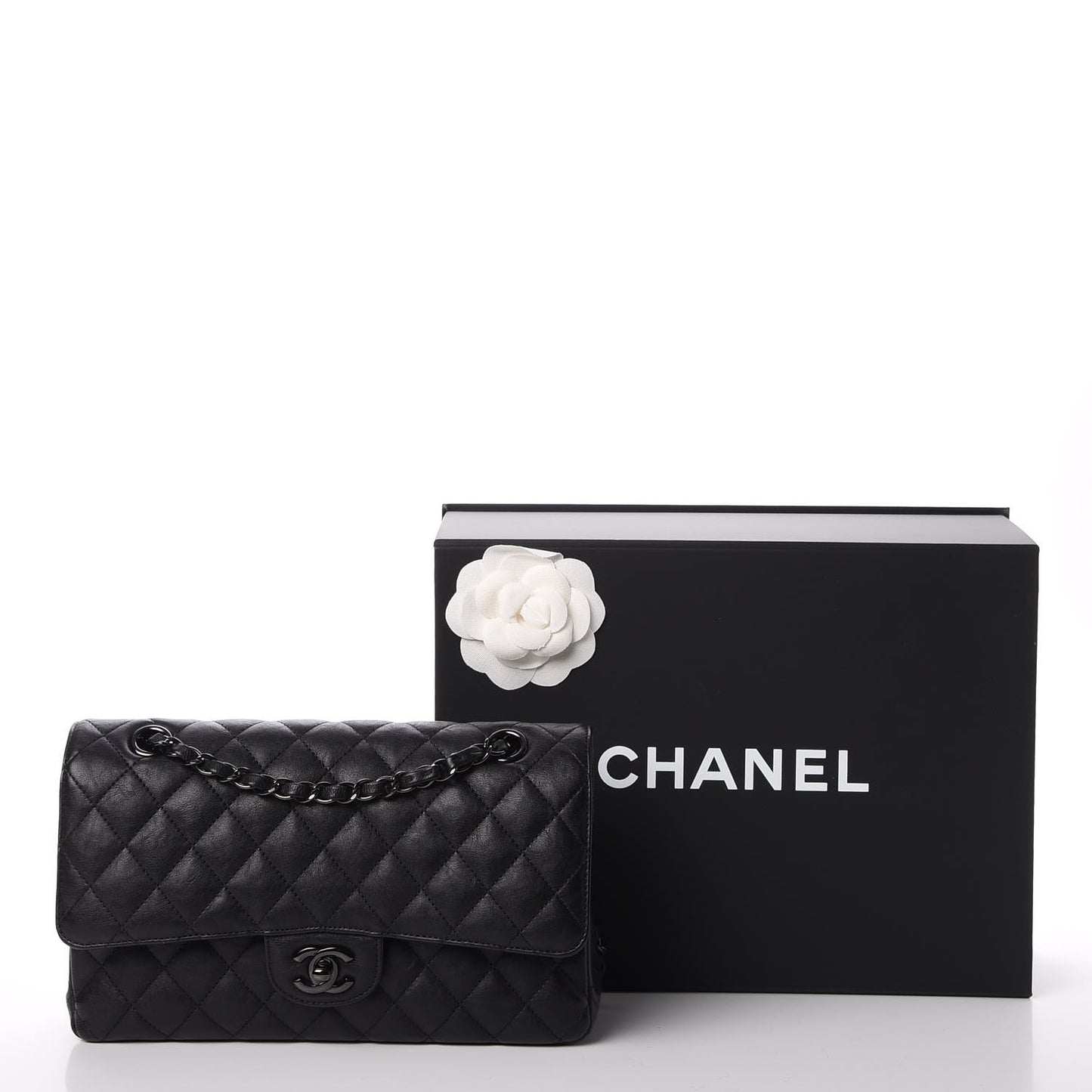 Crumpled Calfskin Quilted Medium Double Flap So Black