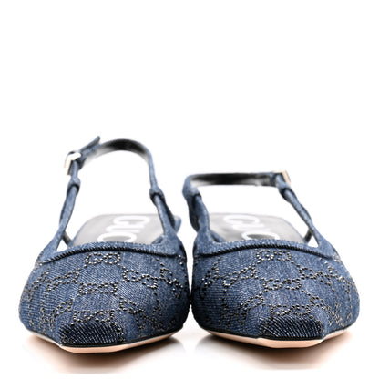 Gucci Denim GG Monogram Malaga Kid Crystal Square G 35mm Slingback Pumps 39 Blue 2 of 10