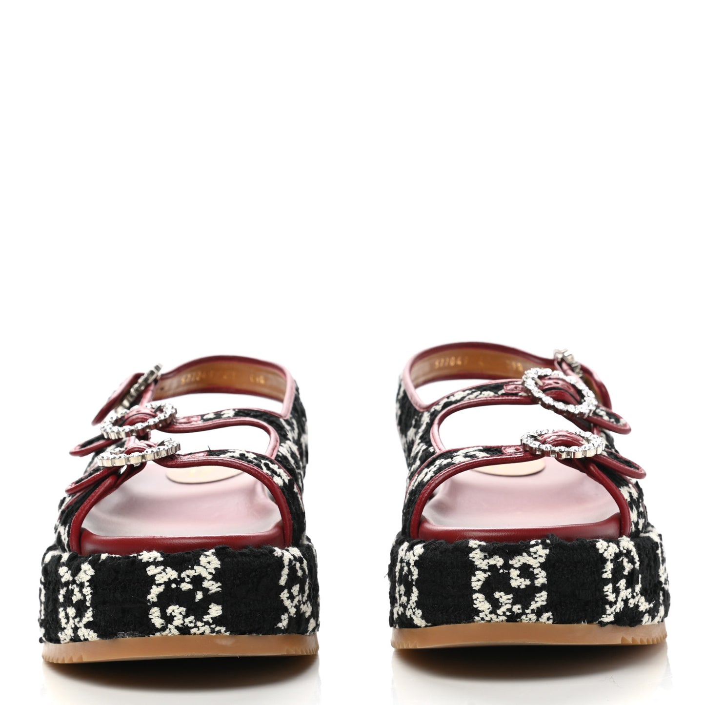 Tweed GG Monogram Crystal Angelina Platform Slingback Sandals 41 Black Natural Cerise