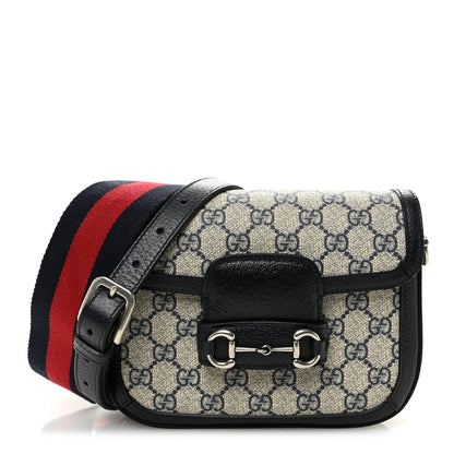 Gucci GG Supreme Monogram Textured Dollar Calfskin Web Mini Horsebit 1955 Shoulder Bag Beige Blue 1 of 10