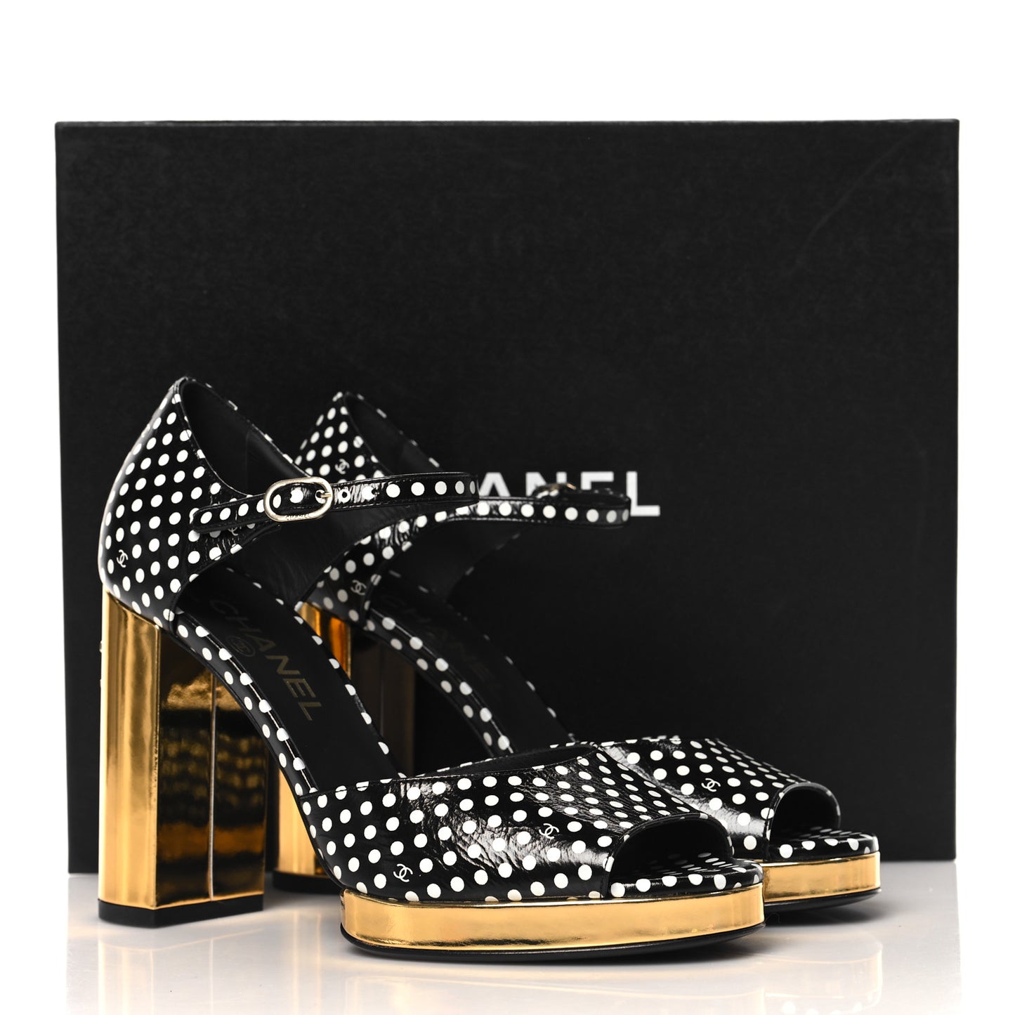 Printed Calfskin Polka Dot CC Platform Sandals 37 Black White