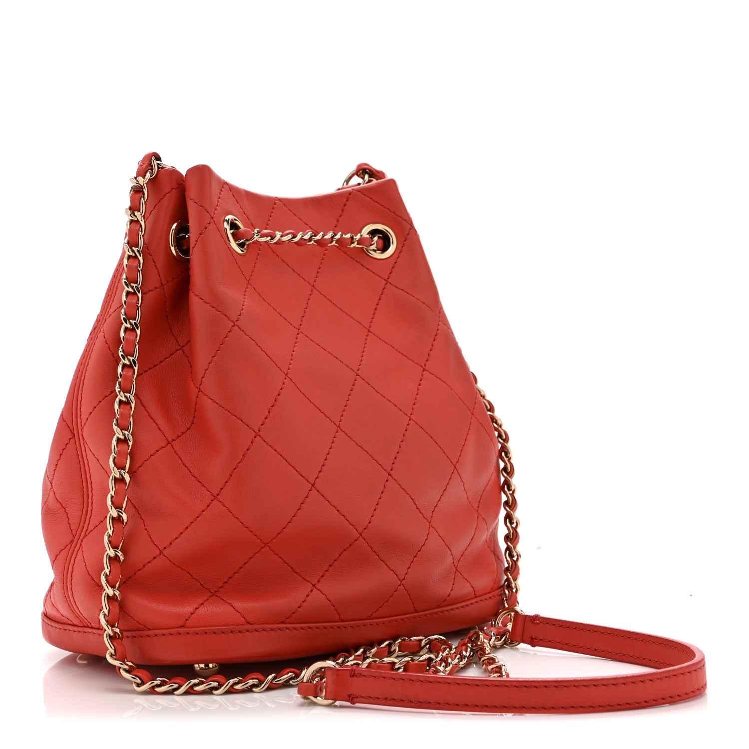 Chanel Calfskin Stitched Chain Bucket Bag Coral 3 of 10