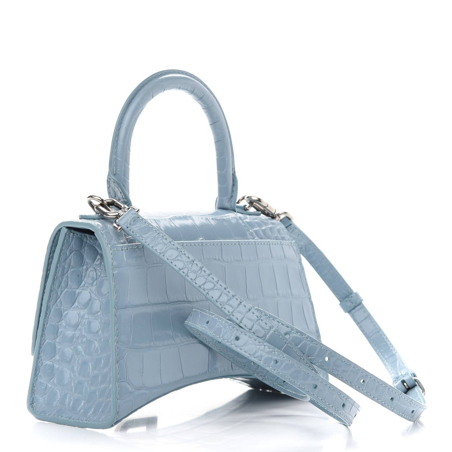 Balenciaga Shiny Calfskin Crocodile Embossed Hourglass Top Handle Bag XS Blue Grey 3 of 8