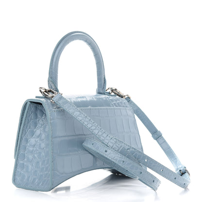 Balenciaga Shiny Calfskin Crocodile Embossed Hourglass Top Handle Bag XS Blue Grey 3 of 8