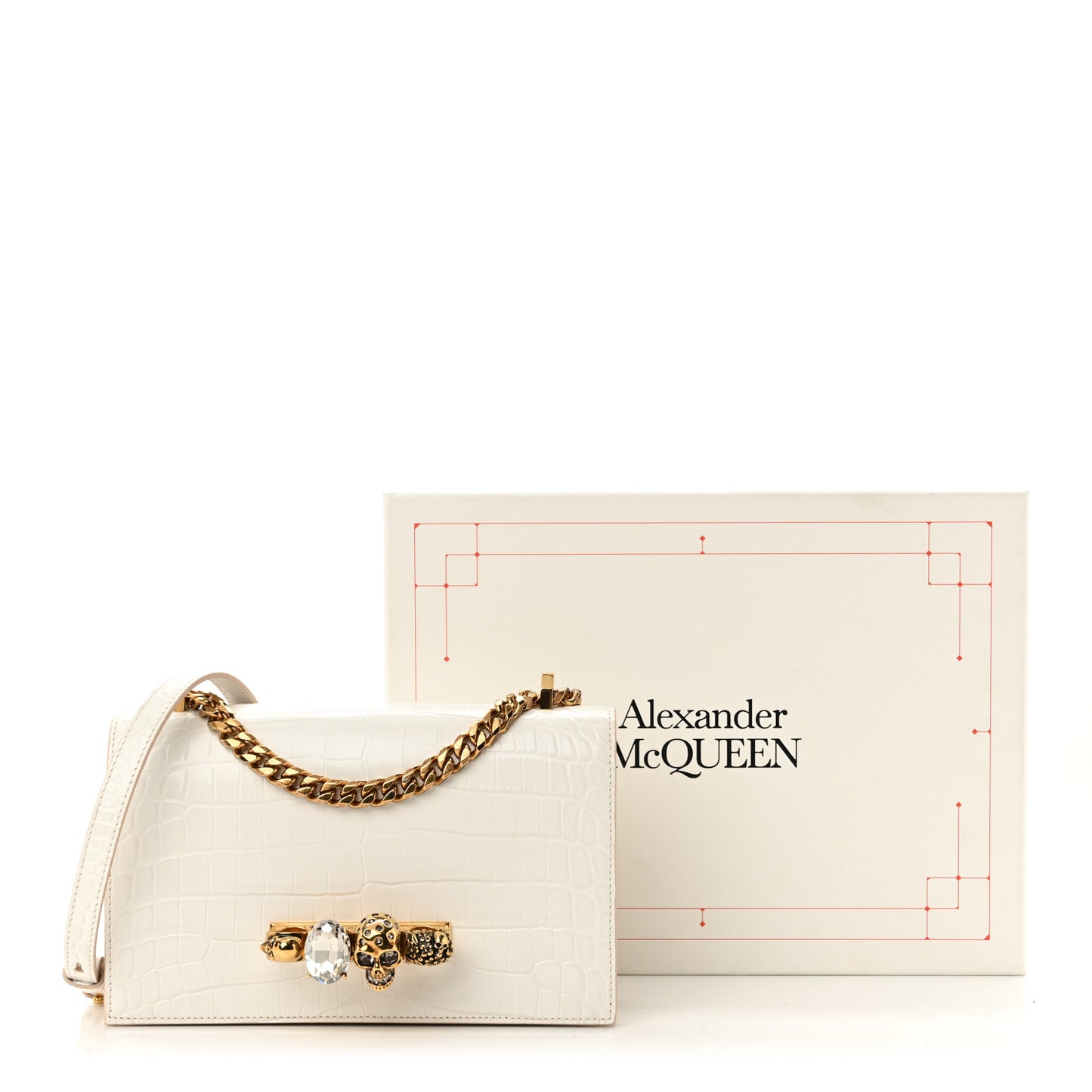 Shiny Calfskin Crocodile Embossed Knuckle Jeweled Crossbody White