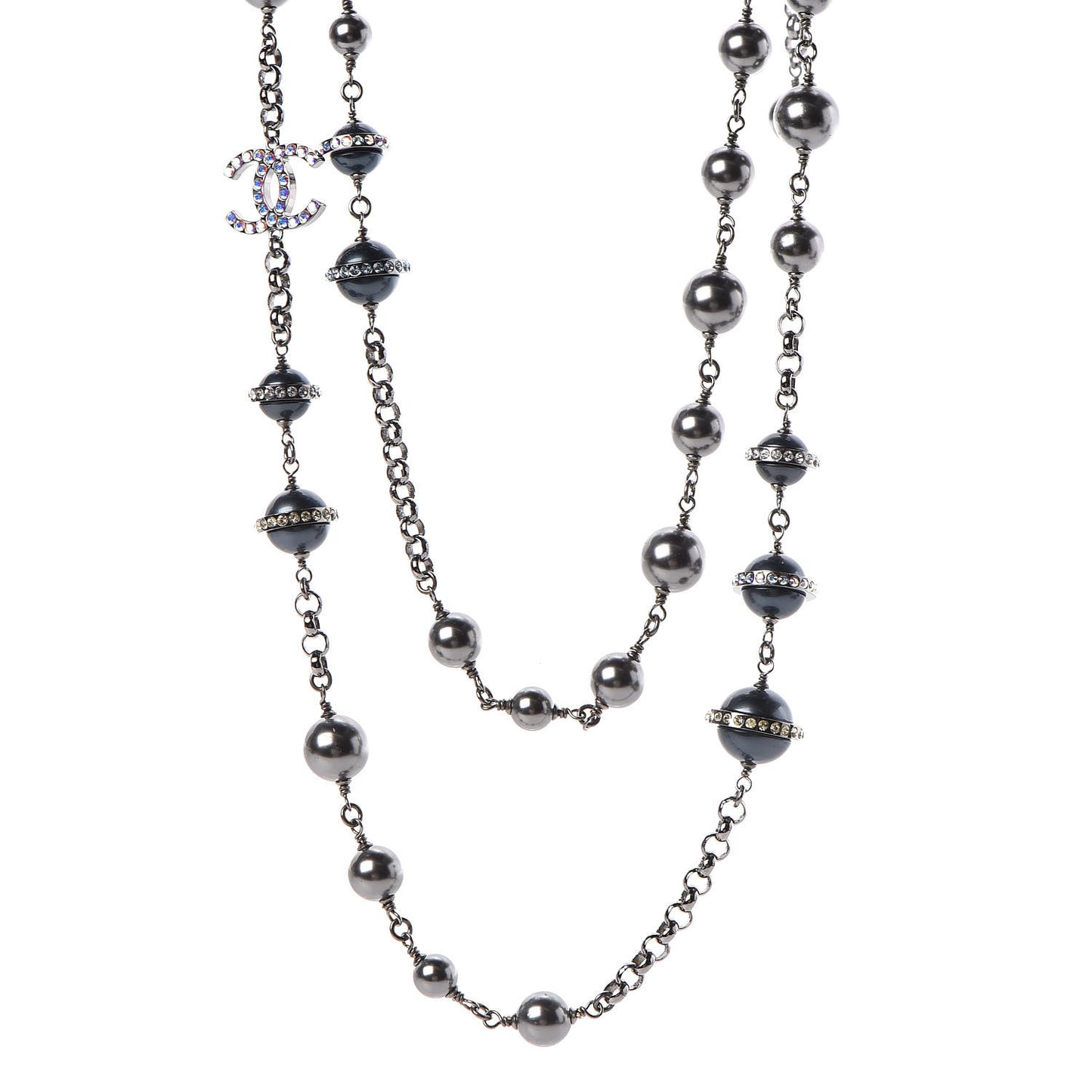 Crystal Pearl Beaded CC Long Necklace Grey