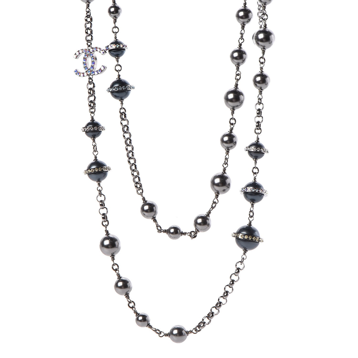 Chanel Crystal Pearl Beaded CC Long Necklace Grey 1 of 9