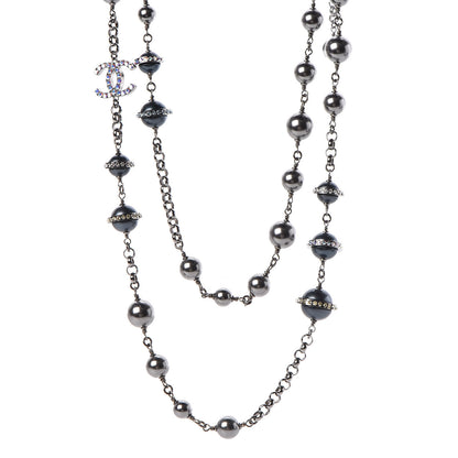 Chanel Crystal Pearl Beaded CC Long Necklace Grey 1 of 9