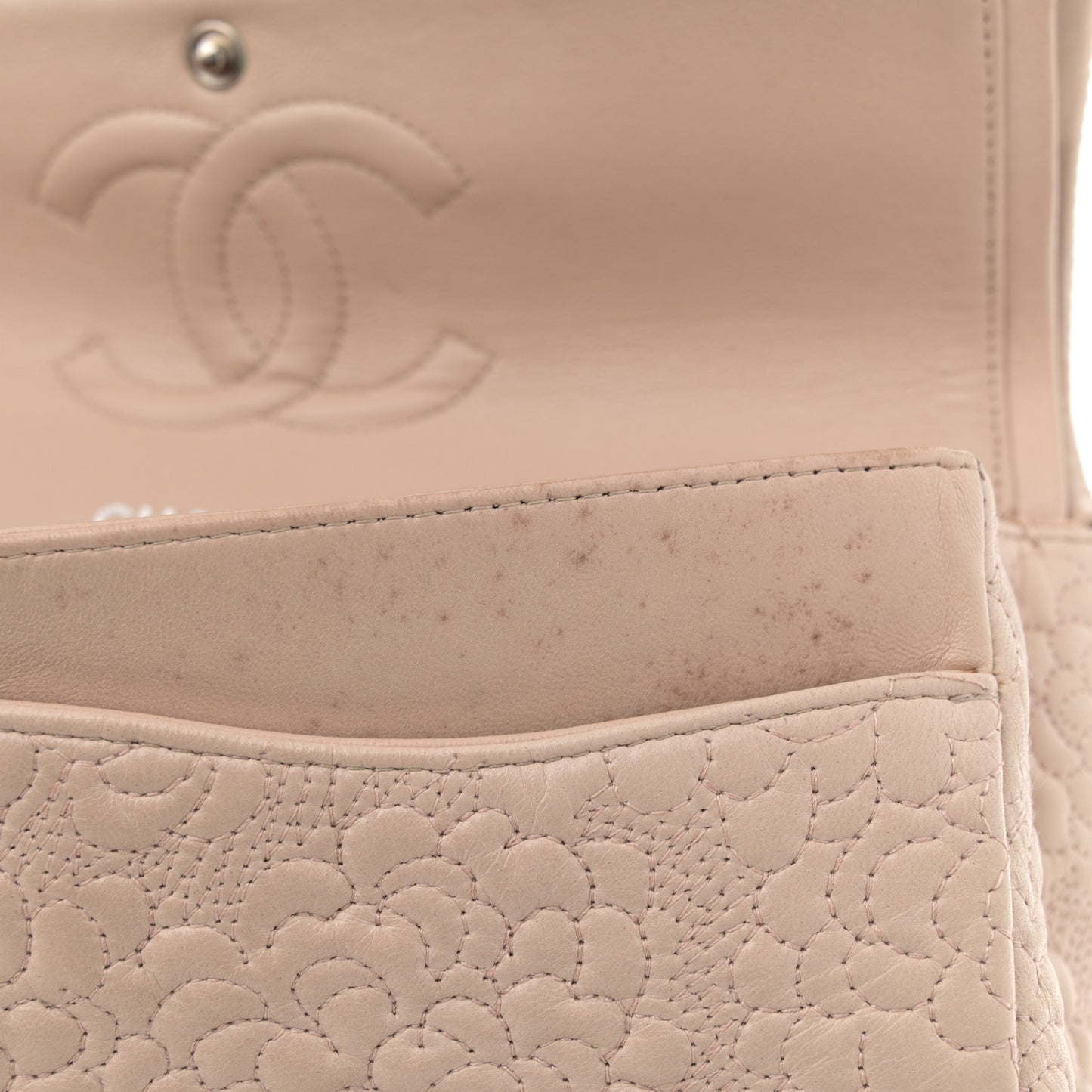 Lambskin Camellia Stitched Medium Double Flap Light Beige
