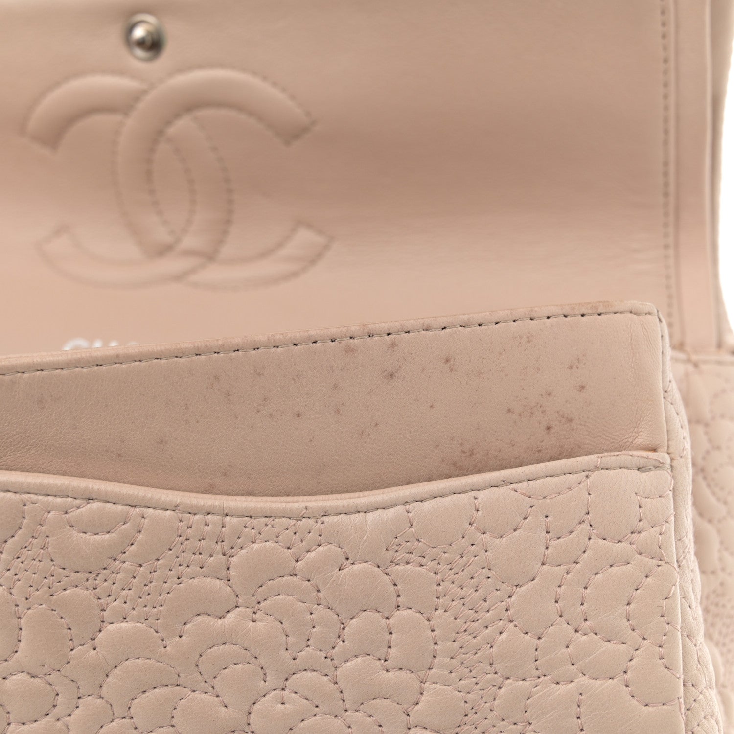 Chanel Lambskin Camellia Stitched Medium Double Flap Light Beige 11 of 16
